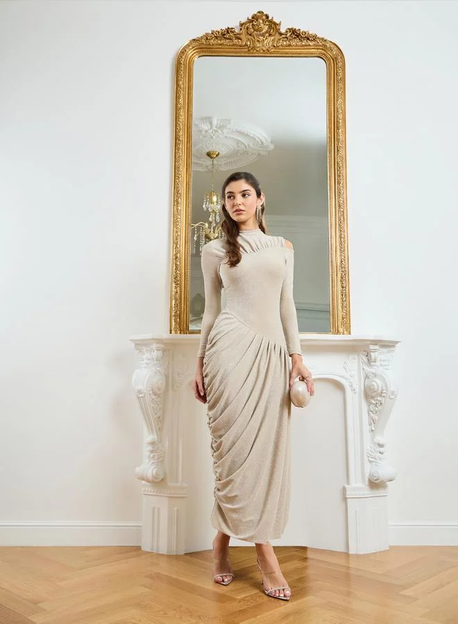 Styli Women Cream Shimmer Knit Asymmetric Maxi Dress